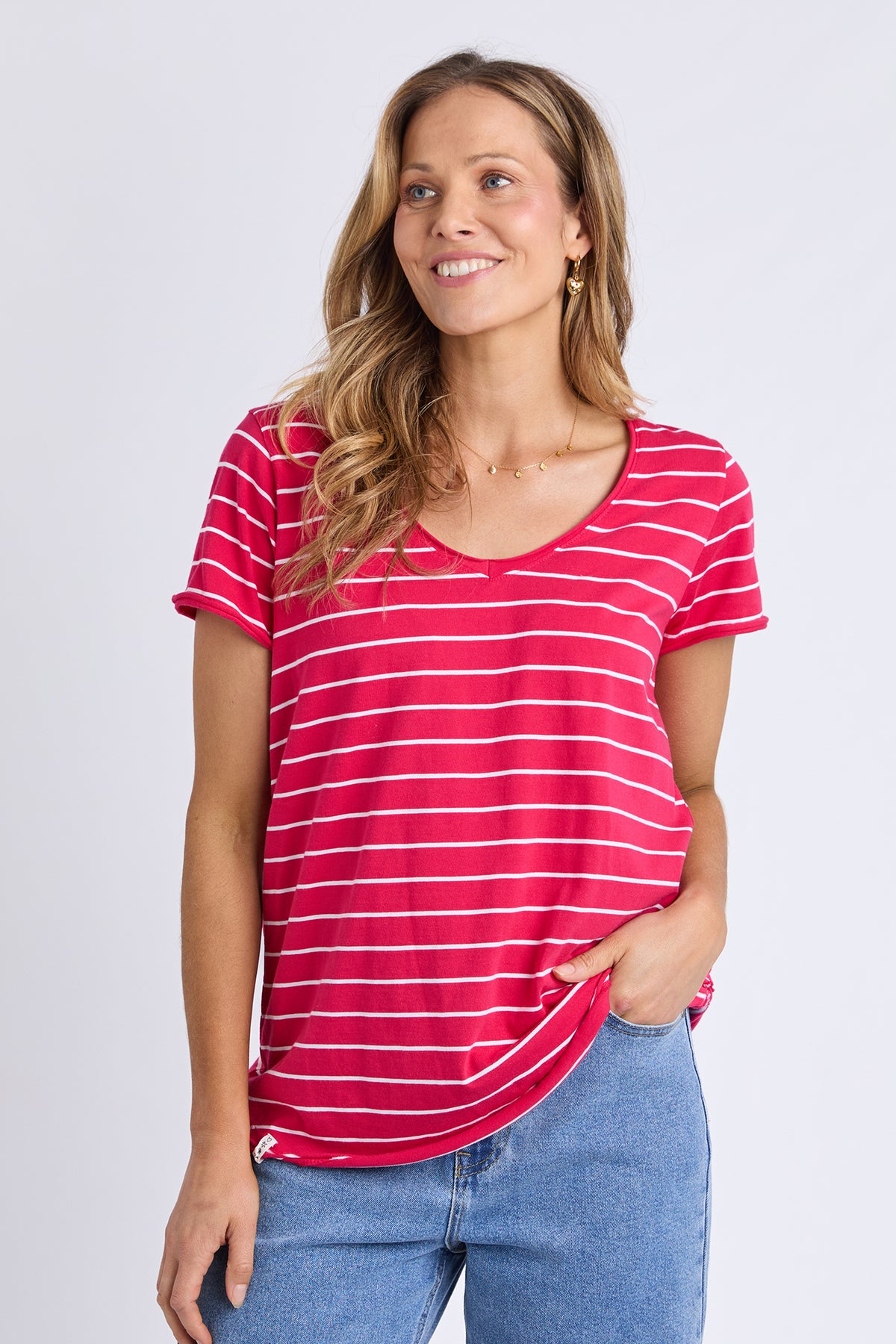 Pima Vee Tee Stripe Dark Pink/White