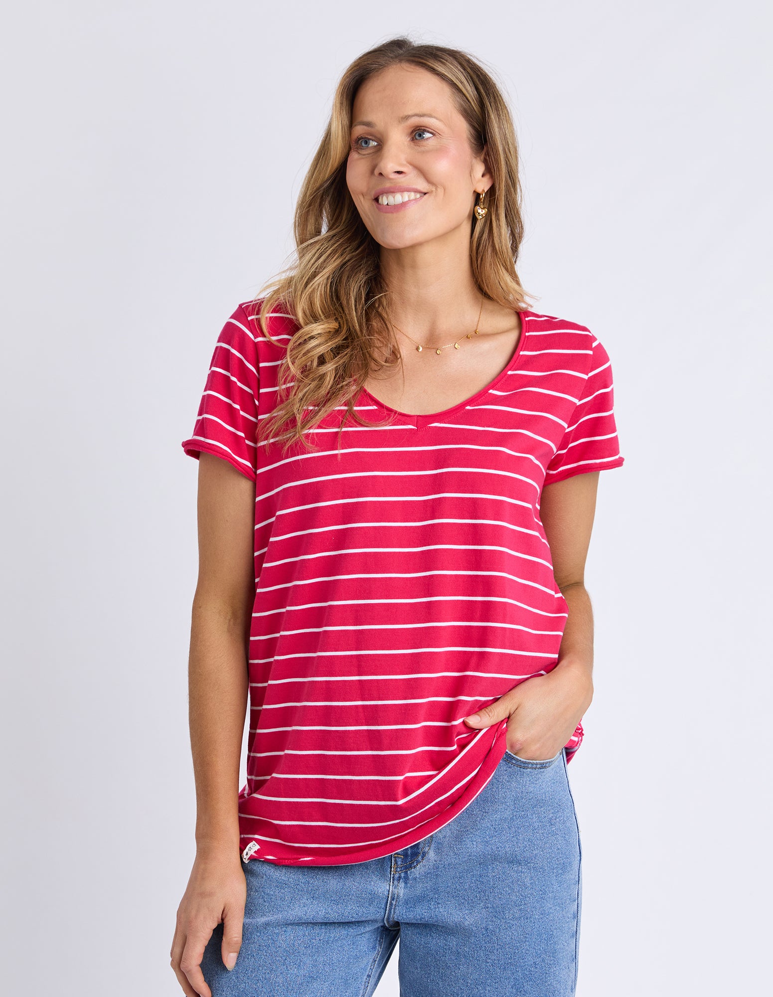 Pima Vee Tee Stripe Dark Pink/White