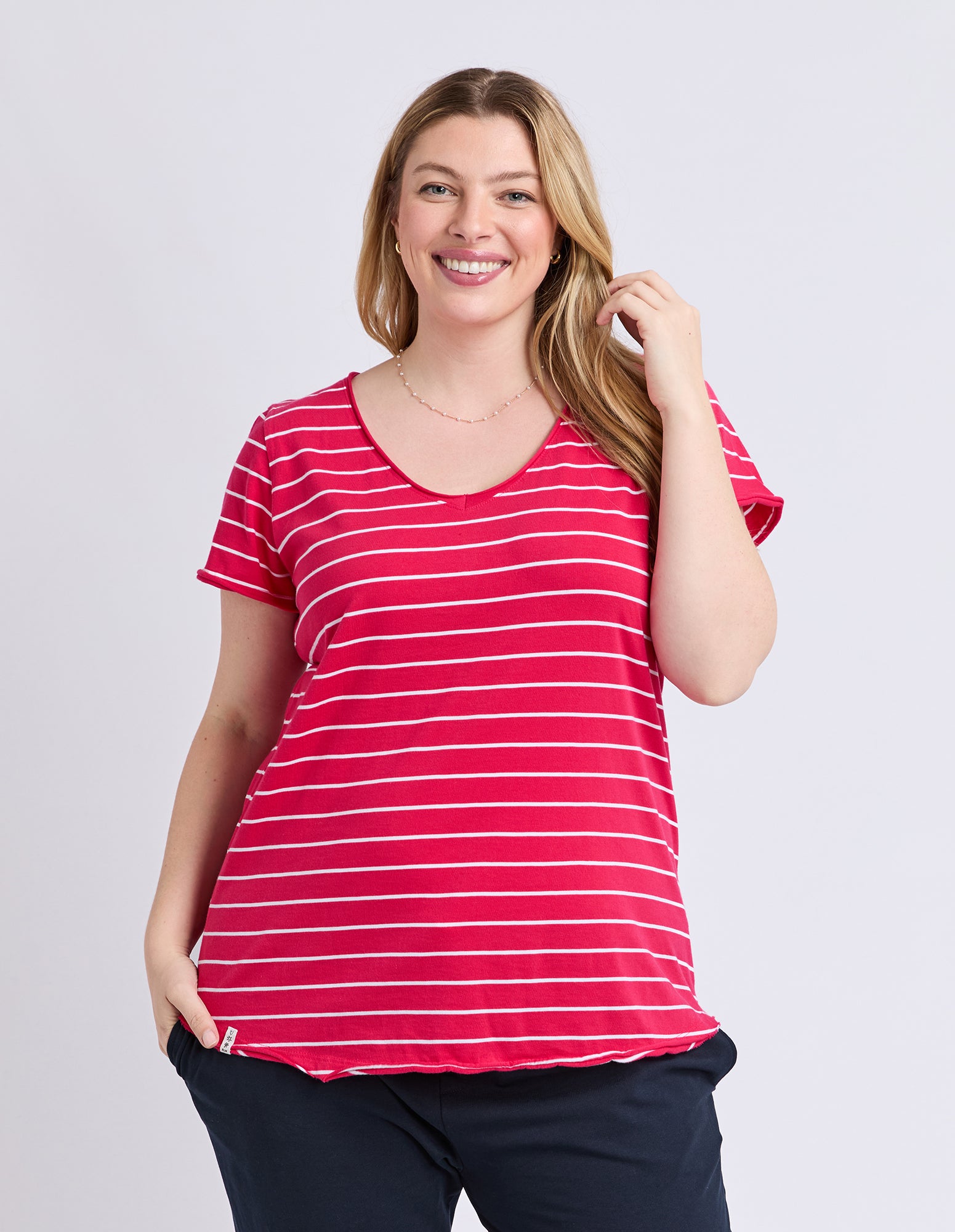 Pima Vee Tee Stripe Dark Pink/White