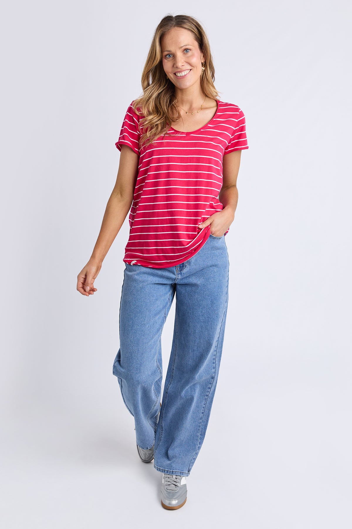 Pima Vee Tee Stripe Dark Pink/White