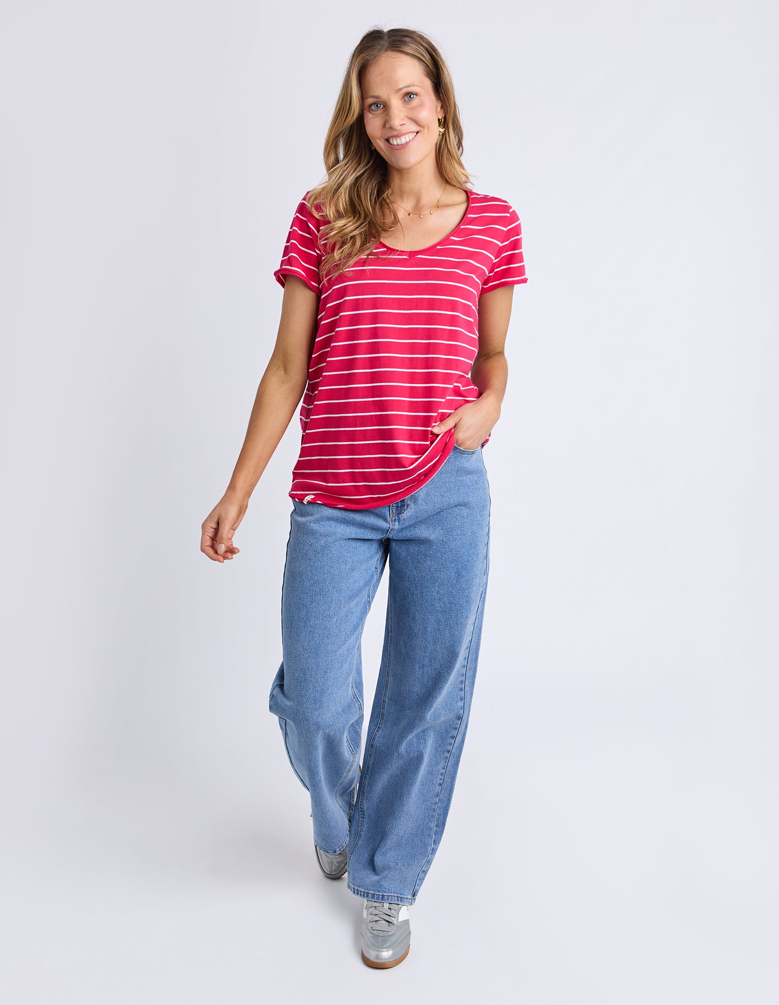 Pima Vee Tee Stripe Dark Pink/White