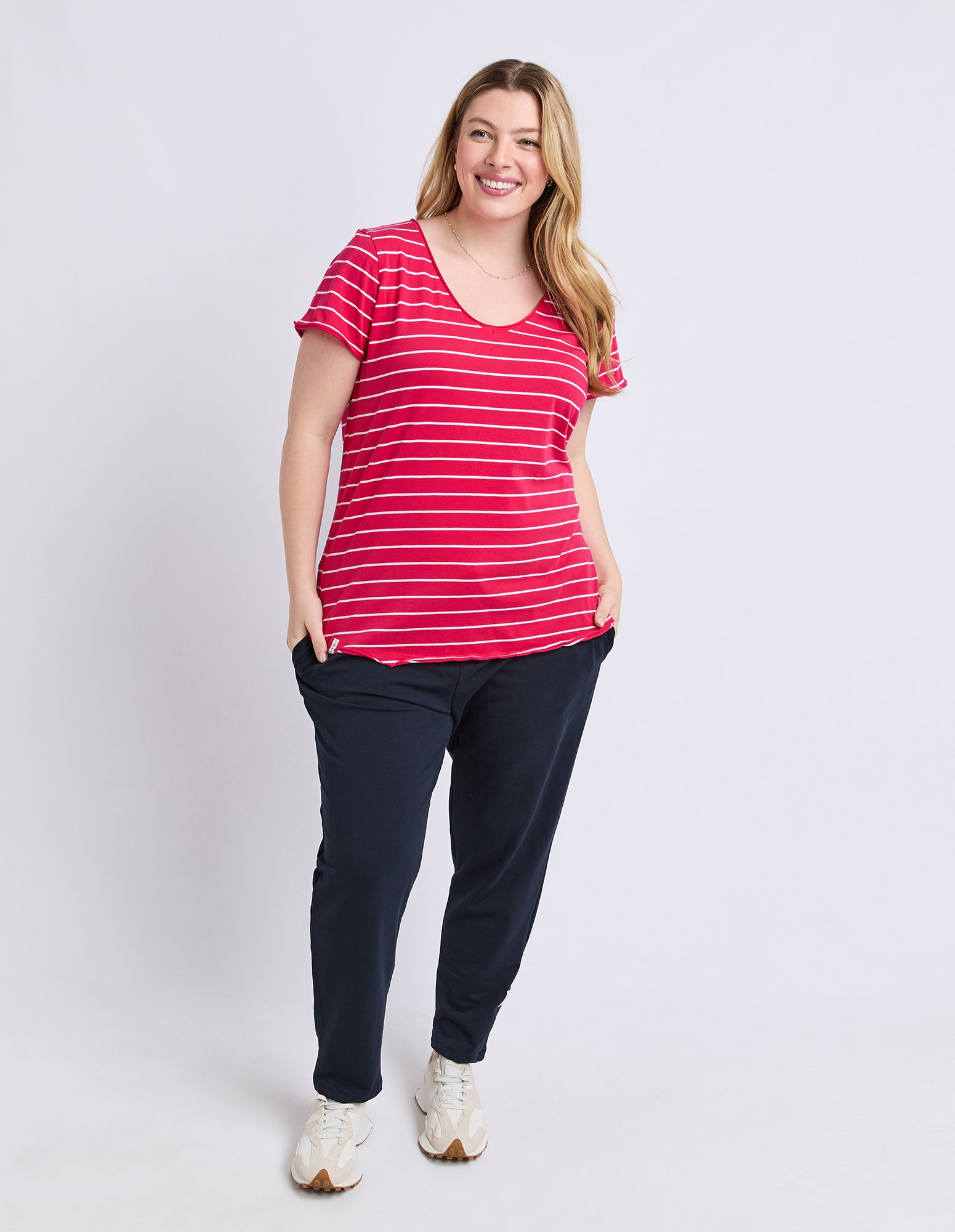 Pima Vee Tee Stripe Dark Pink/White