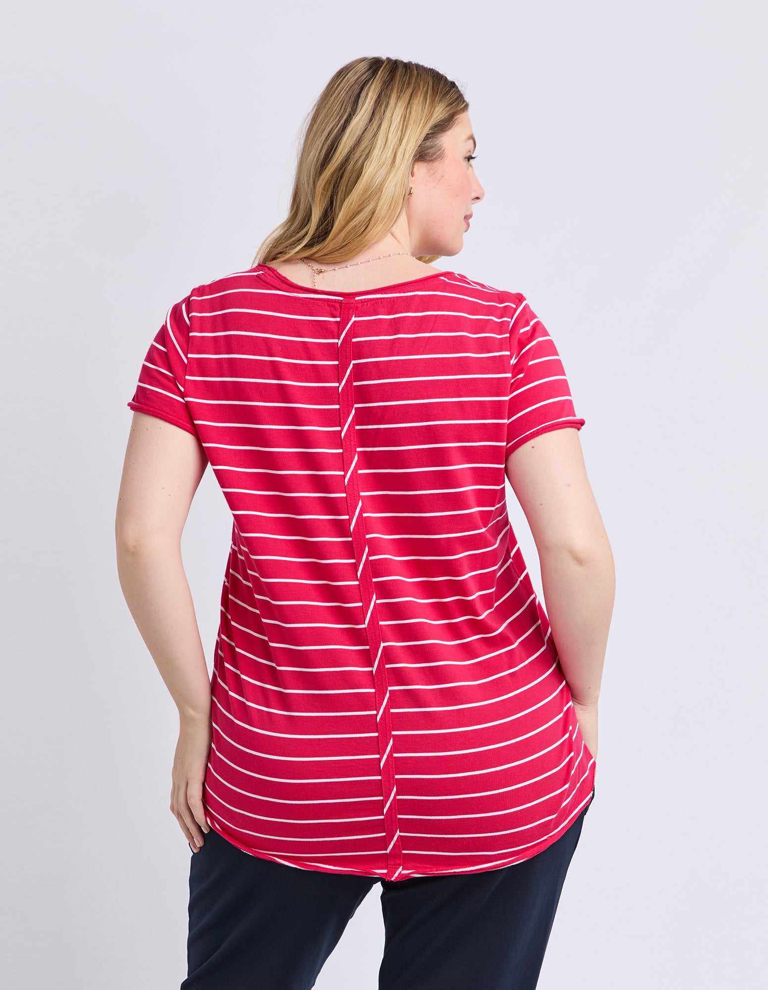 Pima Vee Tee Stripe Dark Pink/White