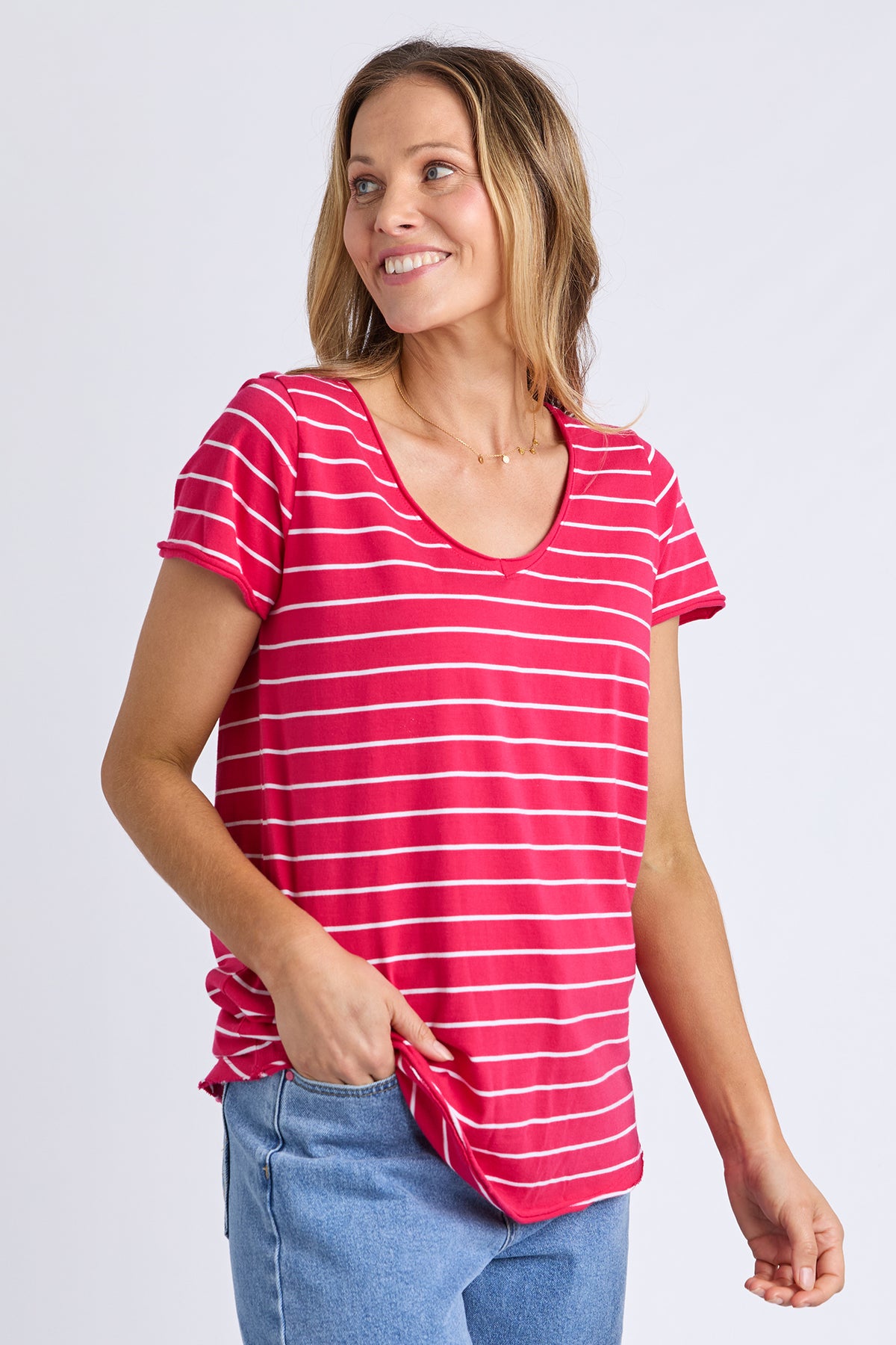 Pima Vee Tee Stripe Dark Pink/White