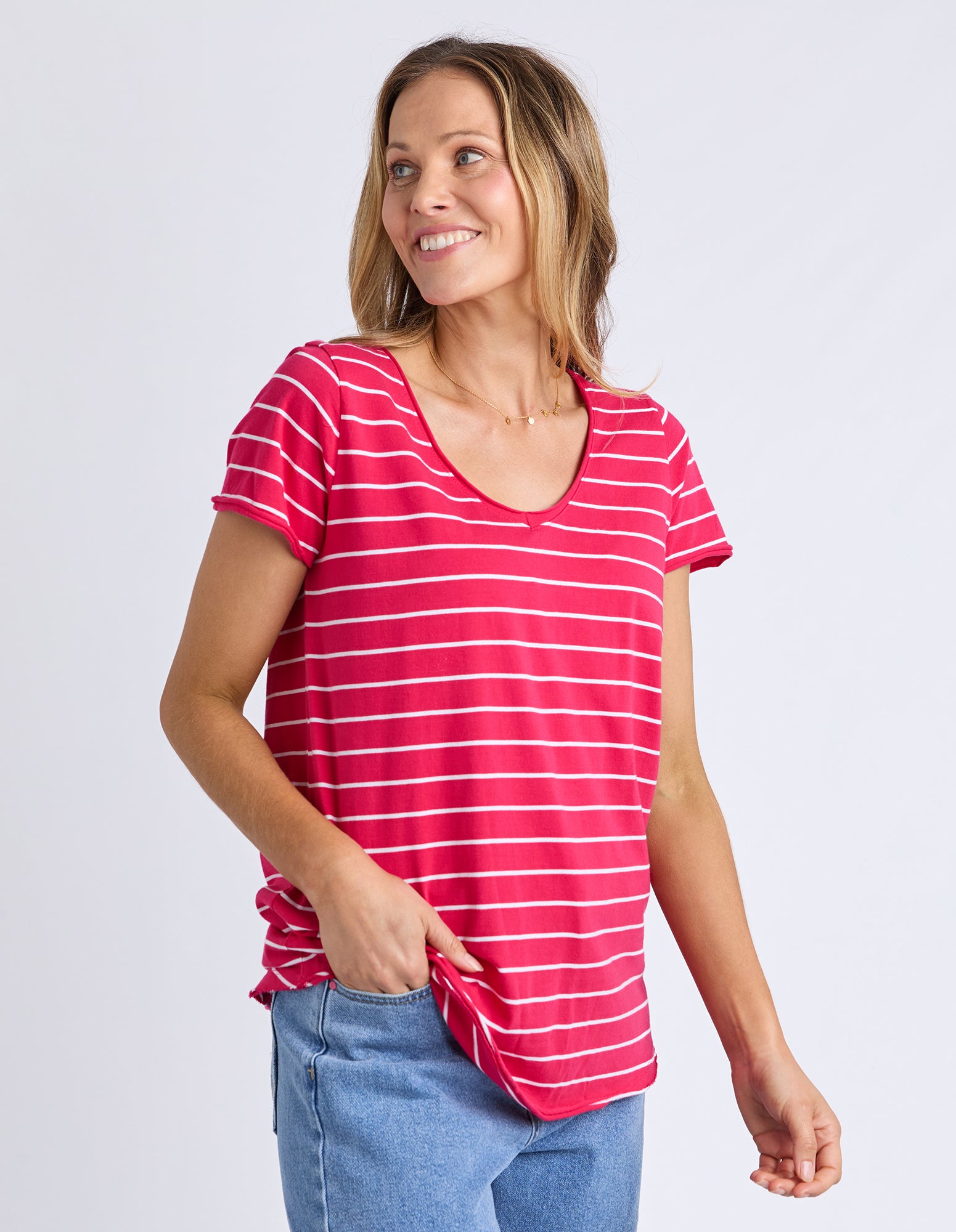 Pima Vee Tee Stripe Dark Pink/White