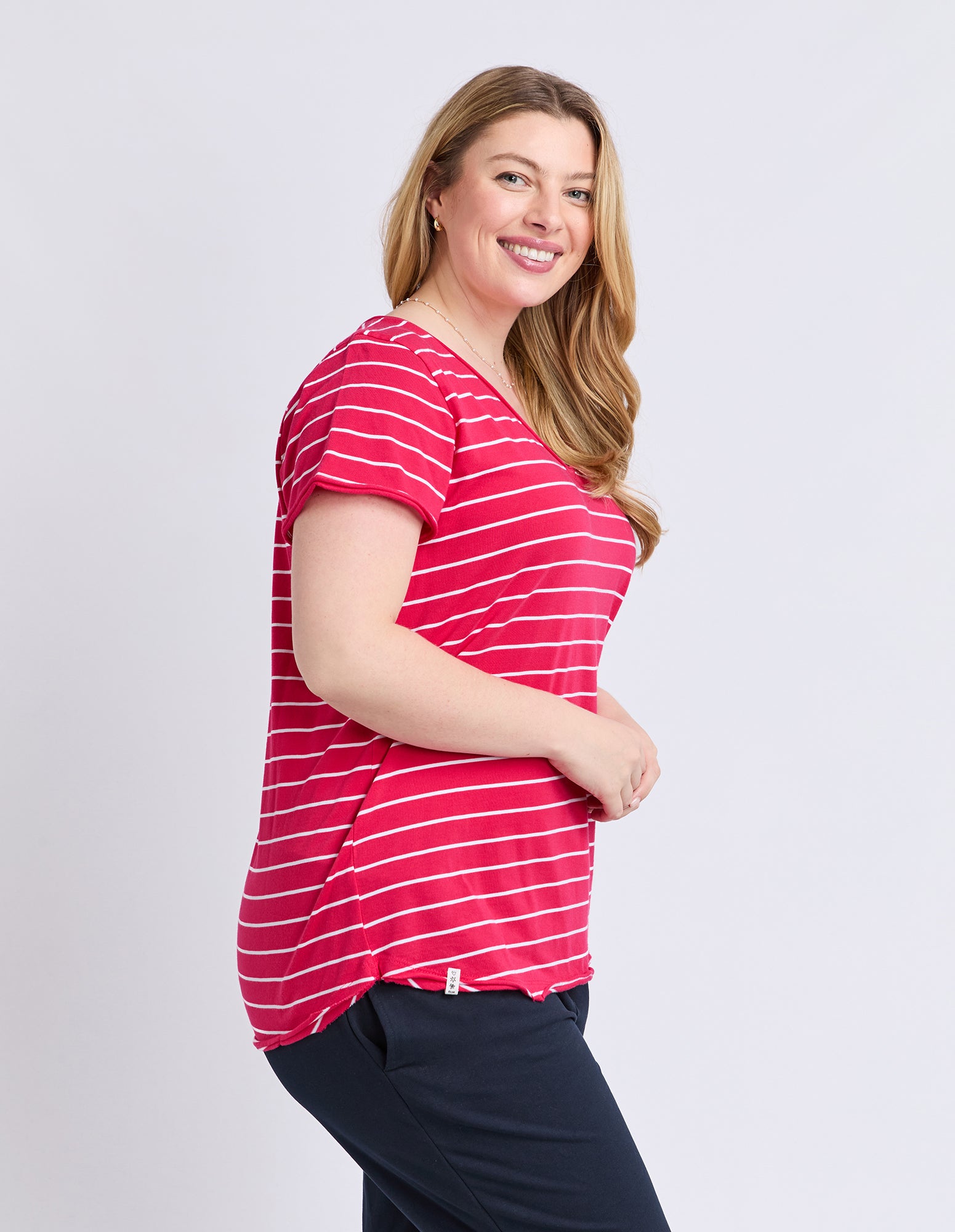 Pima Vee Tee Stripe Dark Pink/White