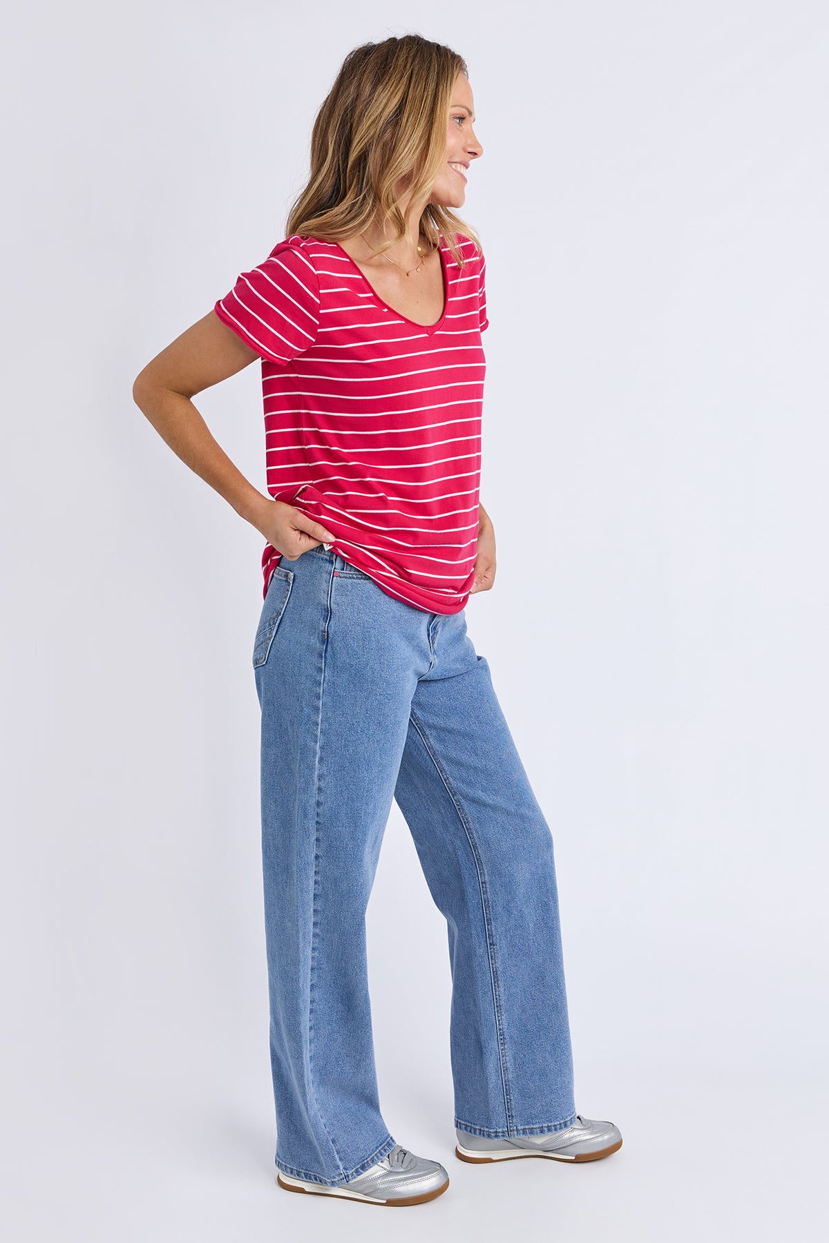 Pima Vee Tee Stripe Dark Pink/White