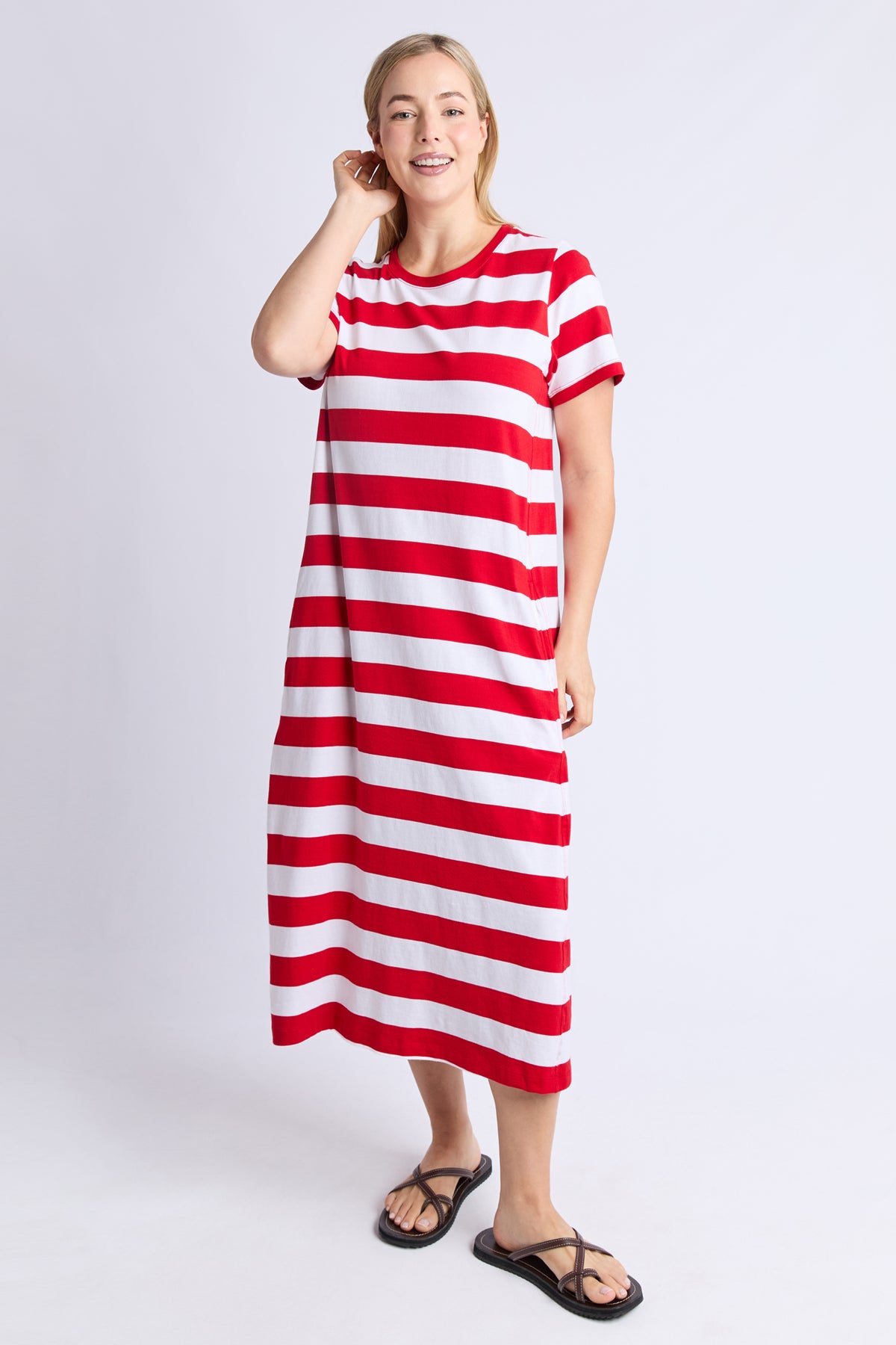 Adira Dress - Stripe Poppy & White Stripe