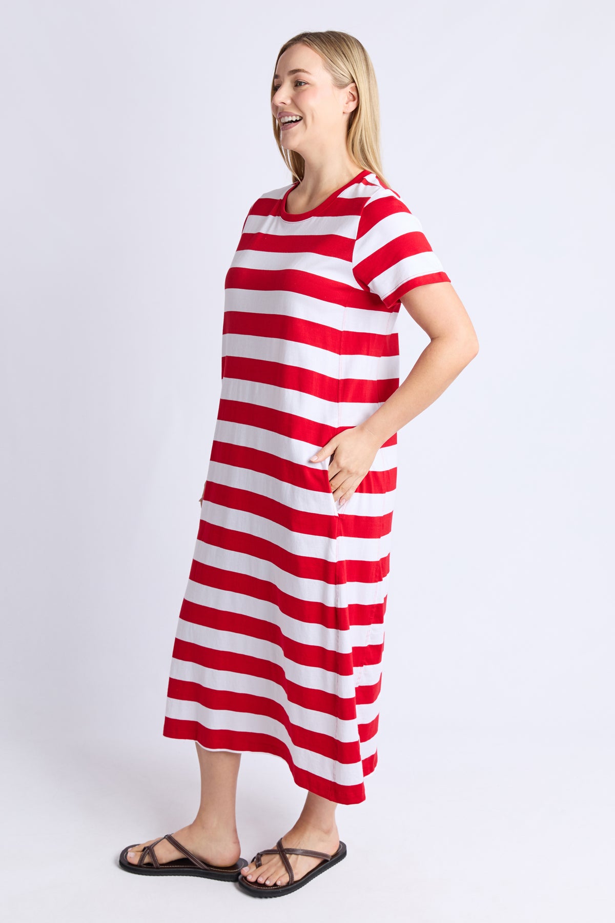 Adira Dress - Stripe Poppy & White Stripe