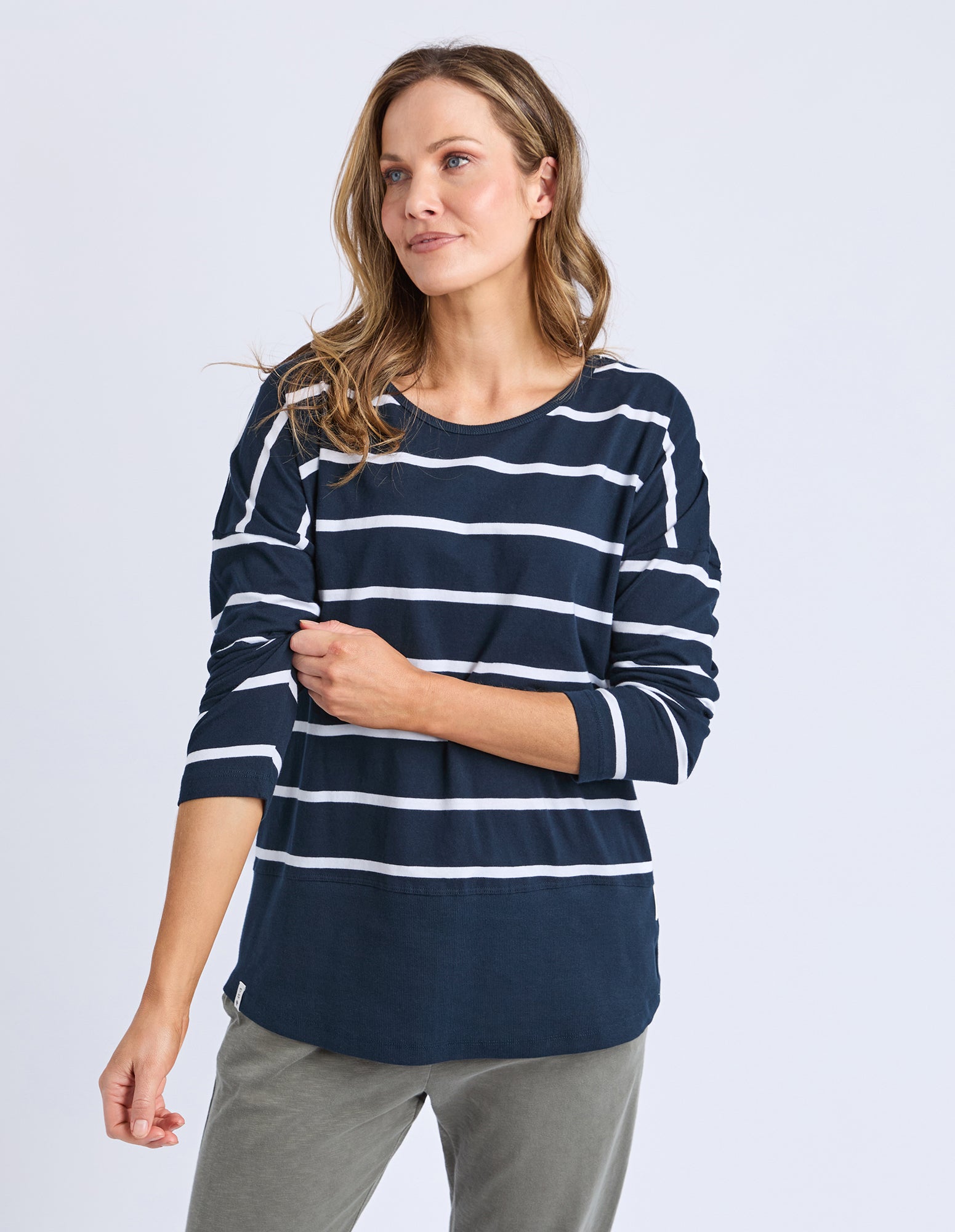 Rib Long Sleeve Navy & White Stripe