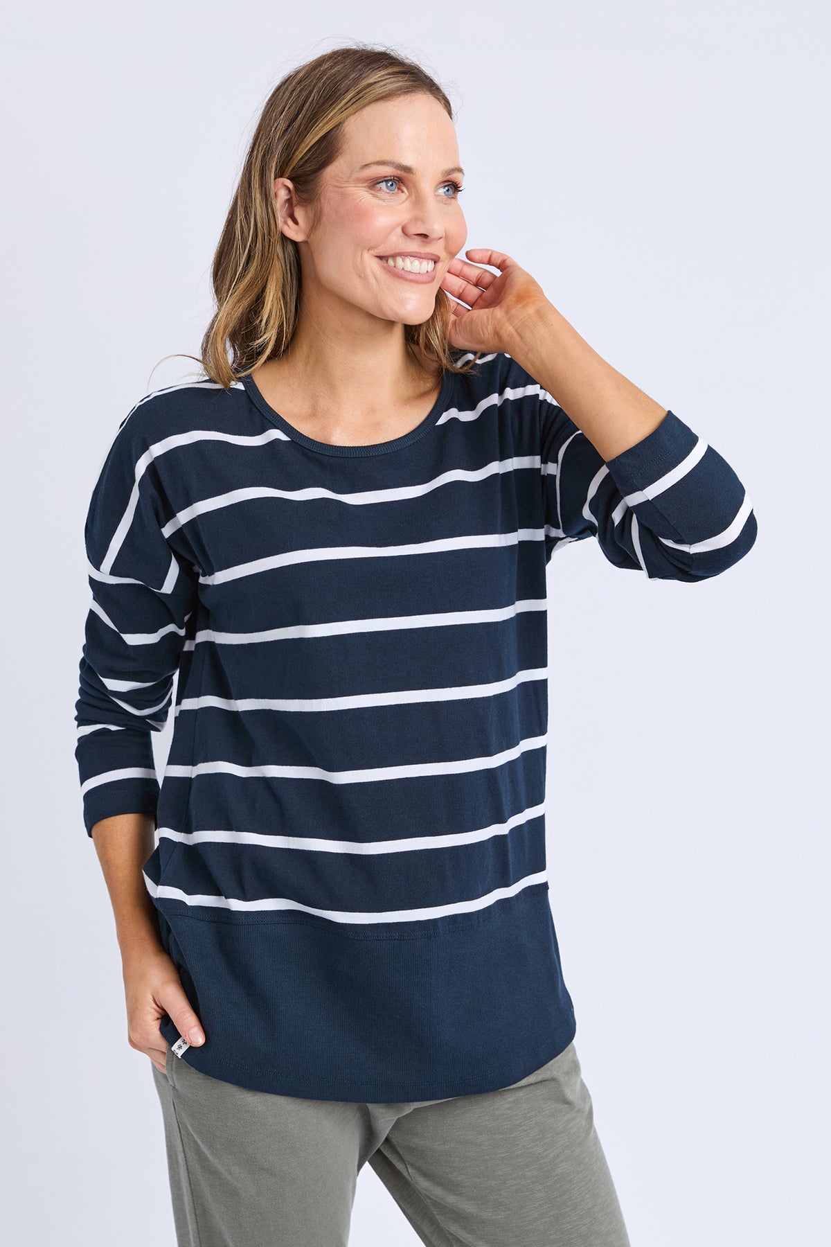 Rib Long Sleeve Navy & White Stripe