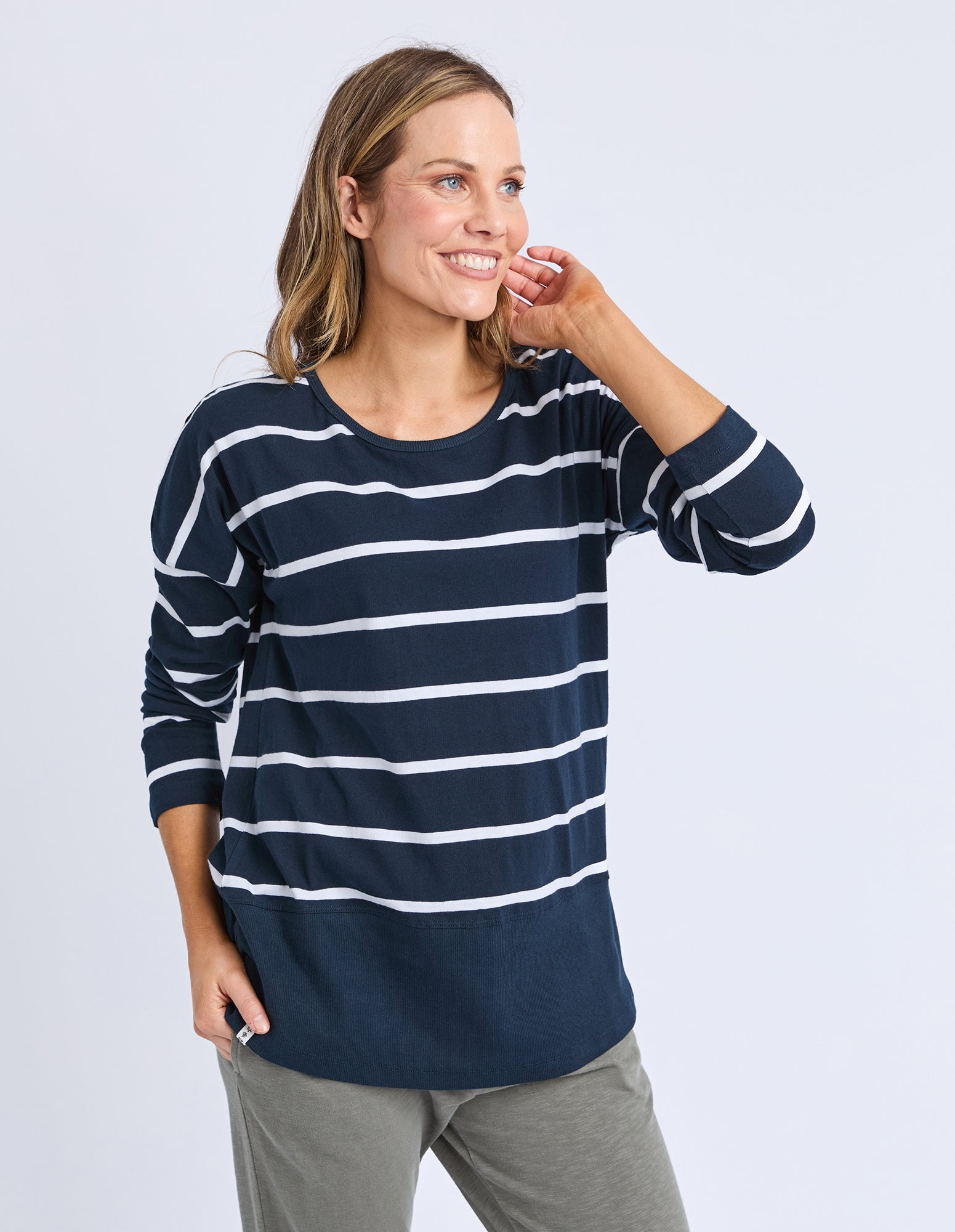 Rib Long Sleeve Navy & White Stripe