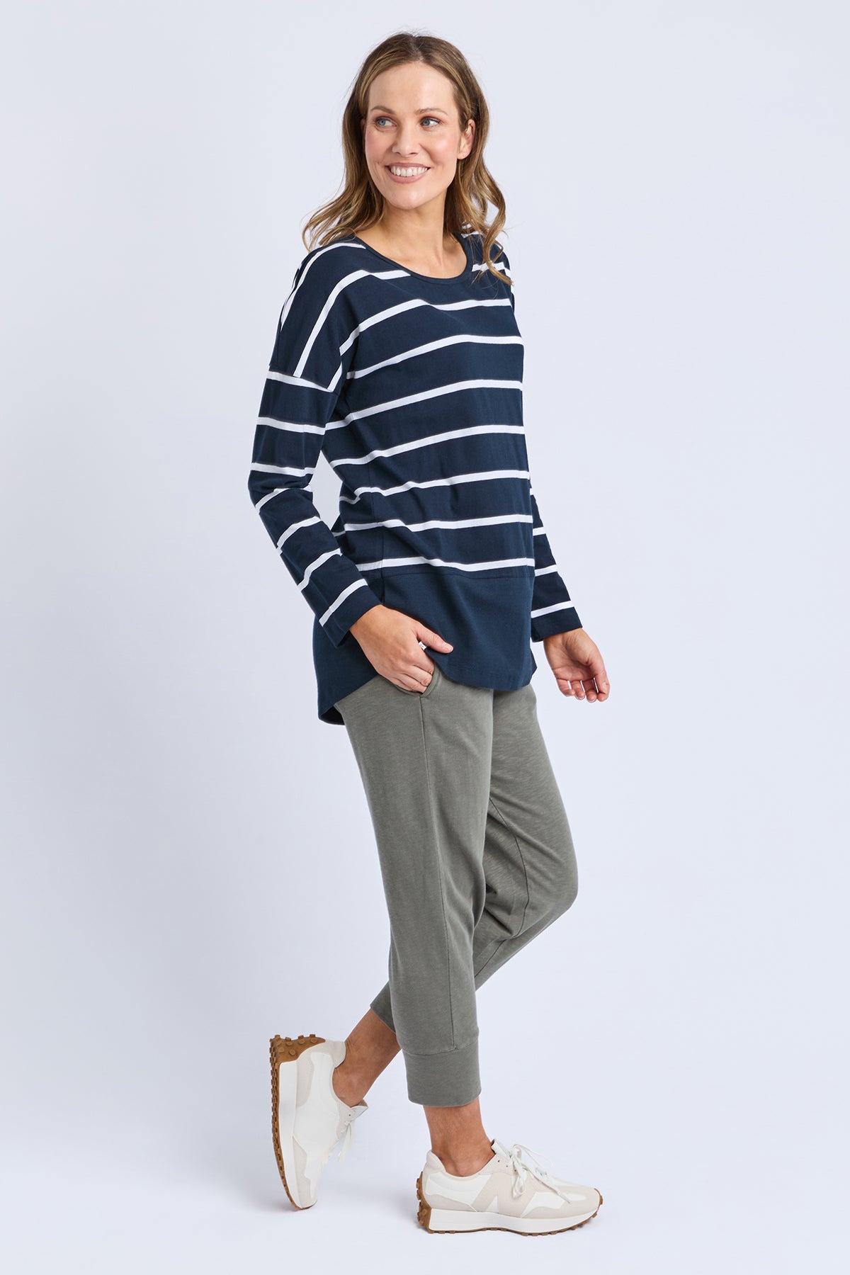 Rib Long Sleeve Navy & White Stripe