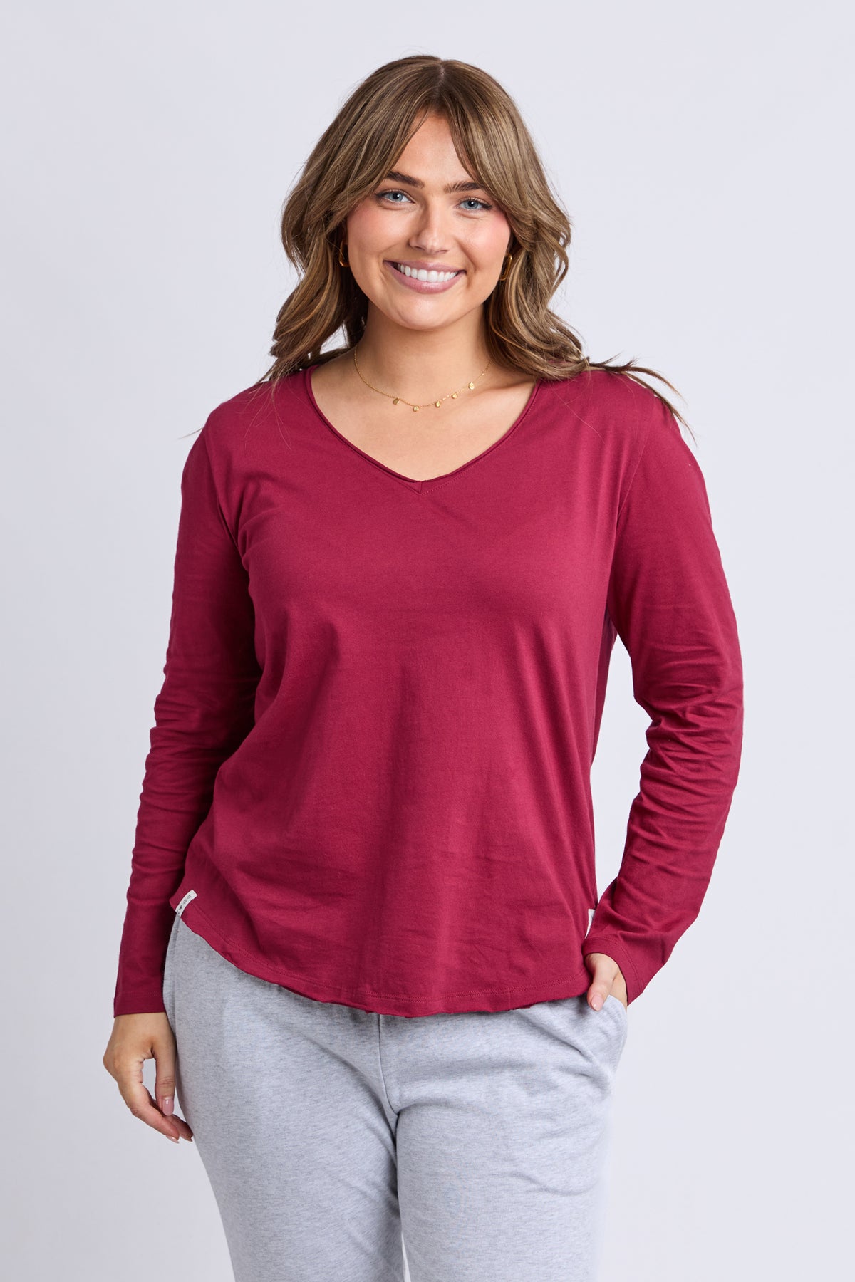 Pima Long Sleeve Vee Tee Maroon