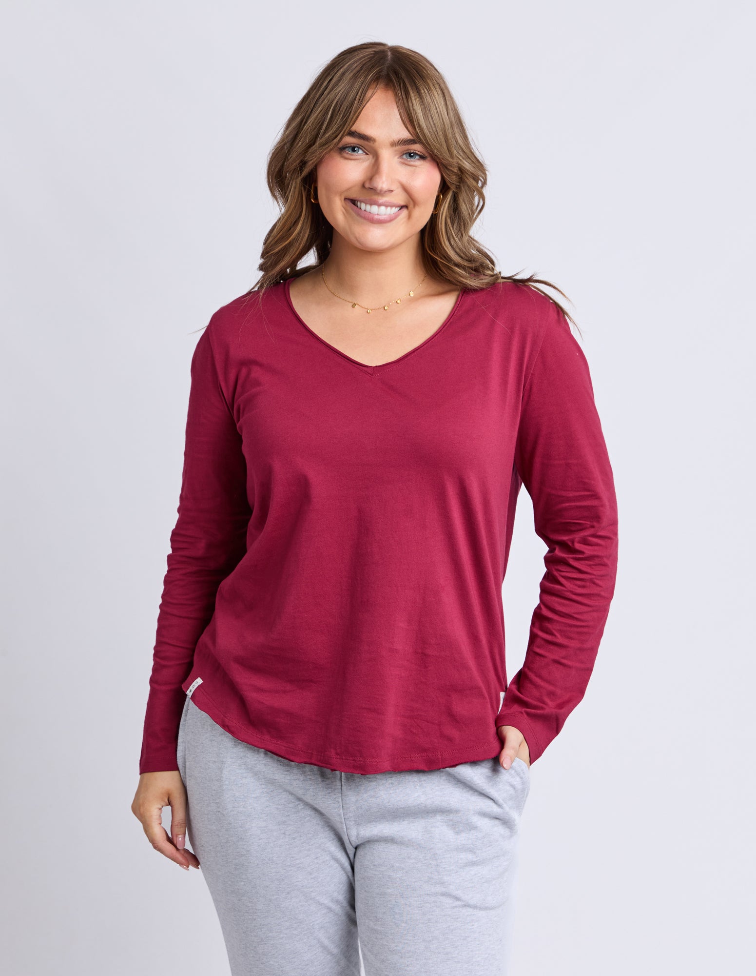 Pima Long Sleeve Vee Tee Maroon
