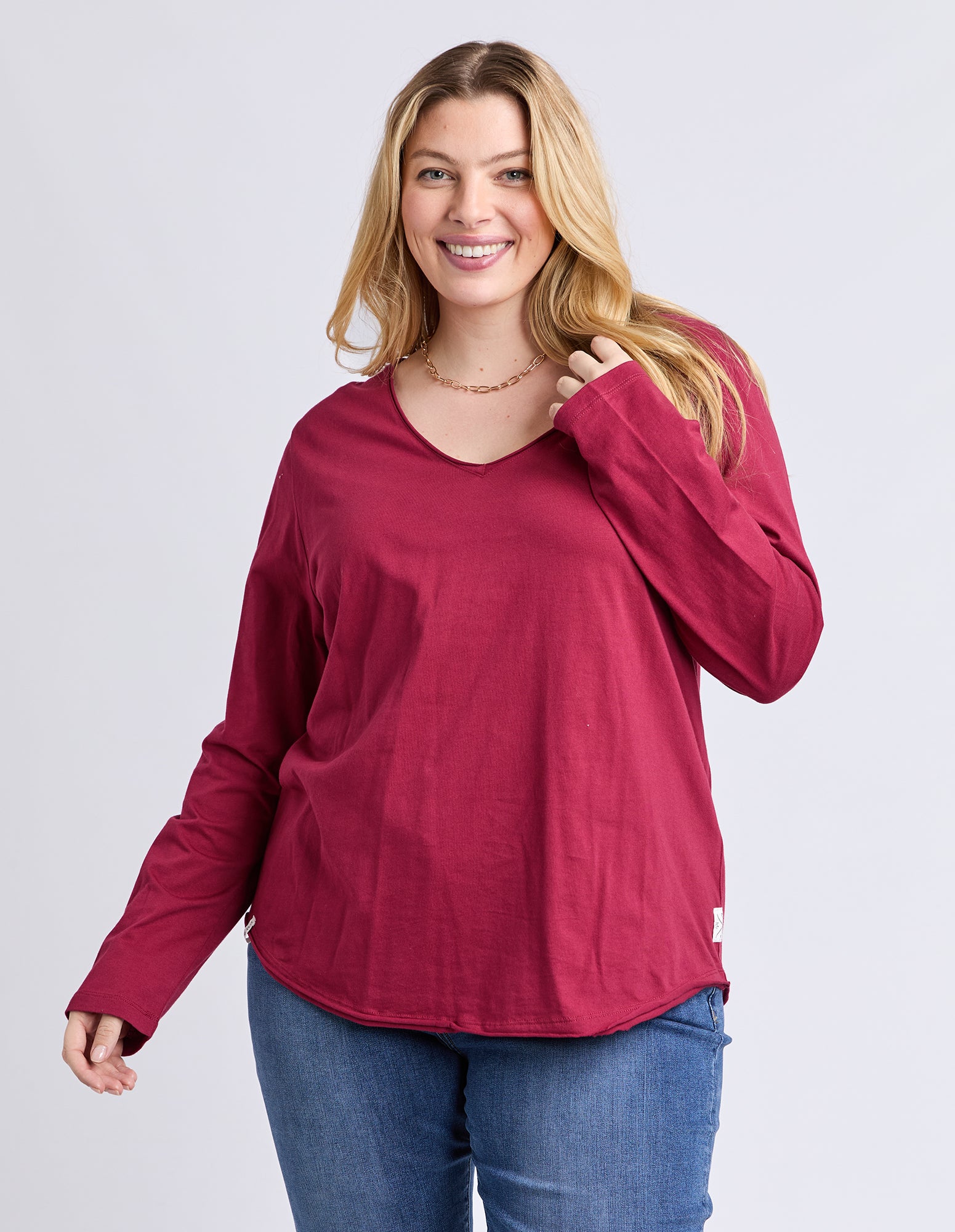 Pima Long Sleeve Vee Tee Maroon