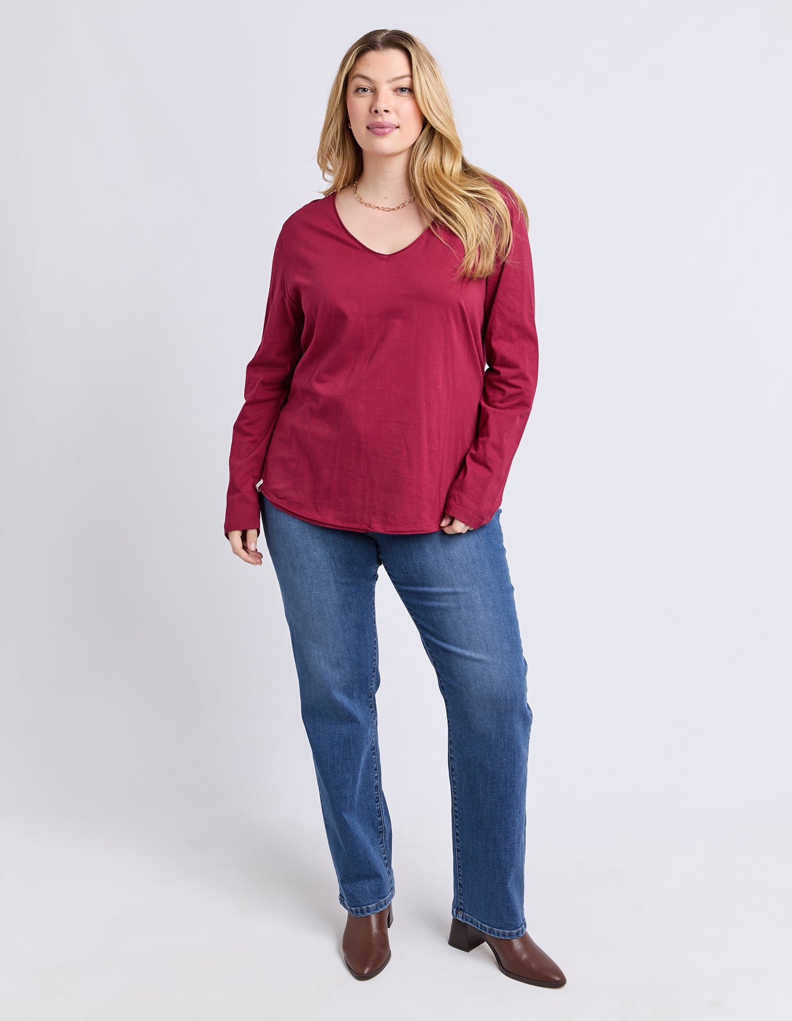 Pima Long Sleeve Vee Tee Maroon