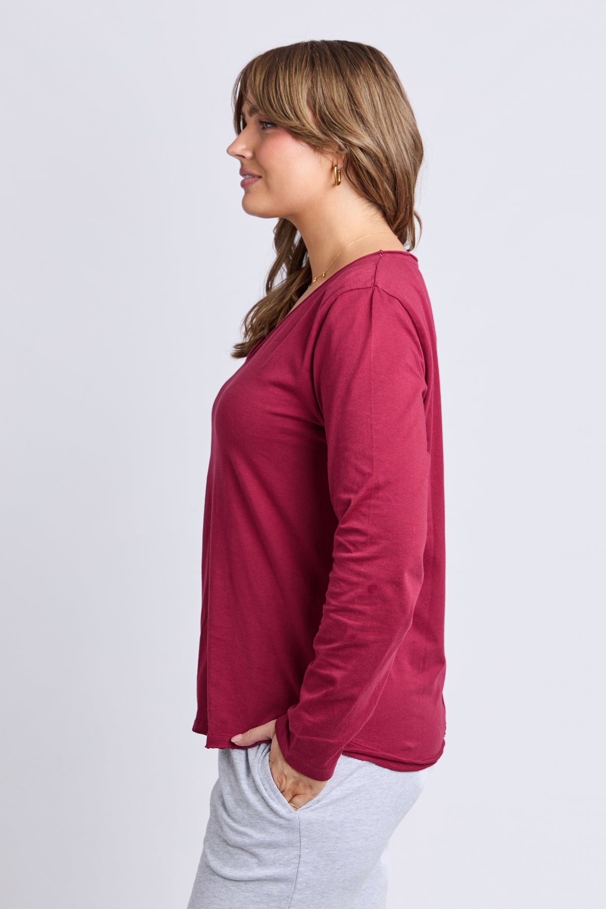 Pima Long Sleeve Vee Tee Maroon