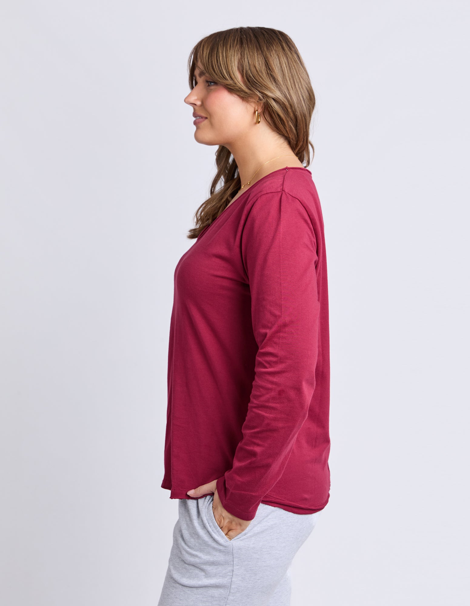 Pima Long Sleeve Vee Tee Maroon