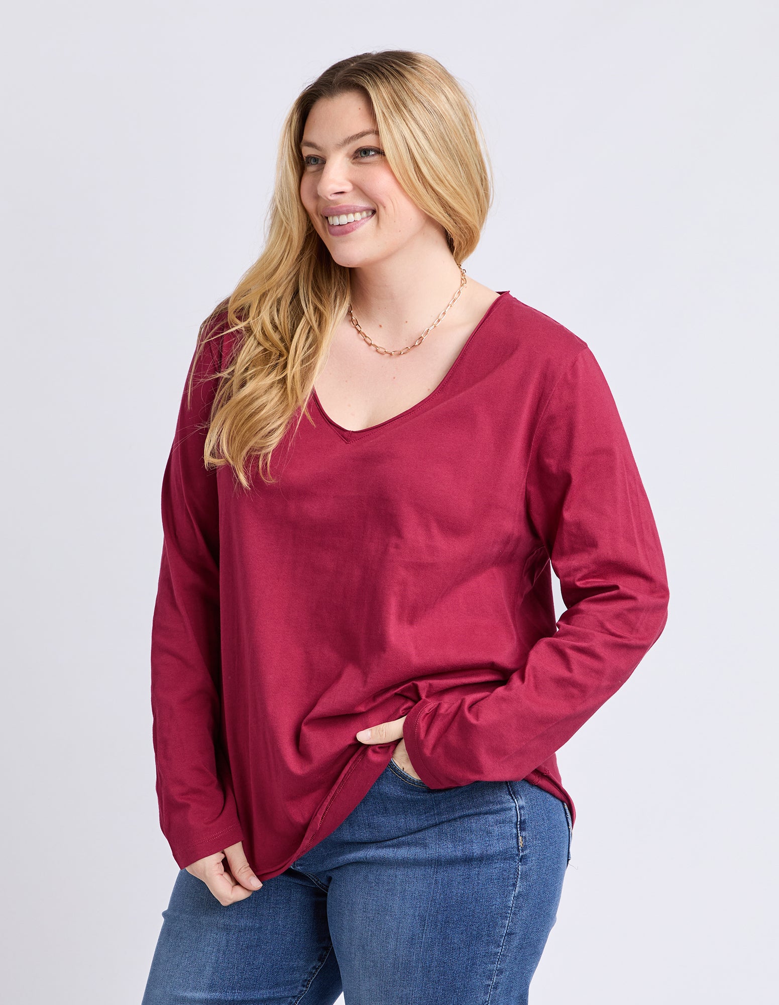 Pima Long Sleeve Vee Tee Maroon