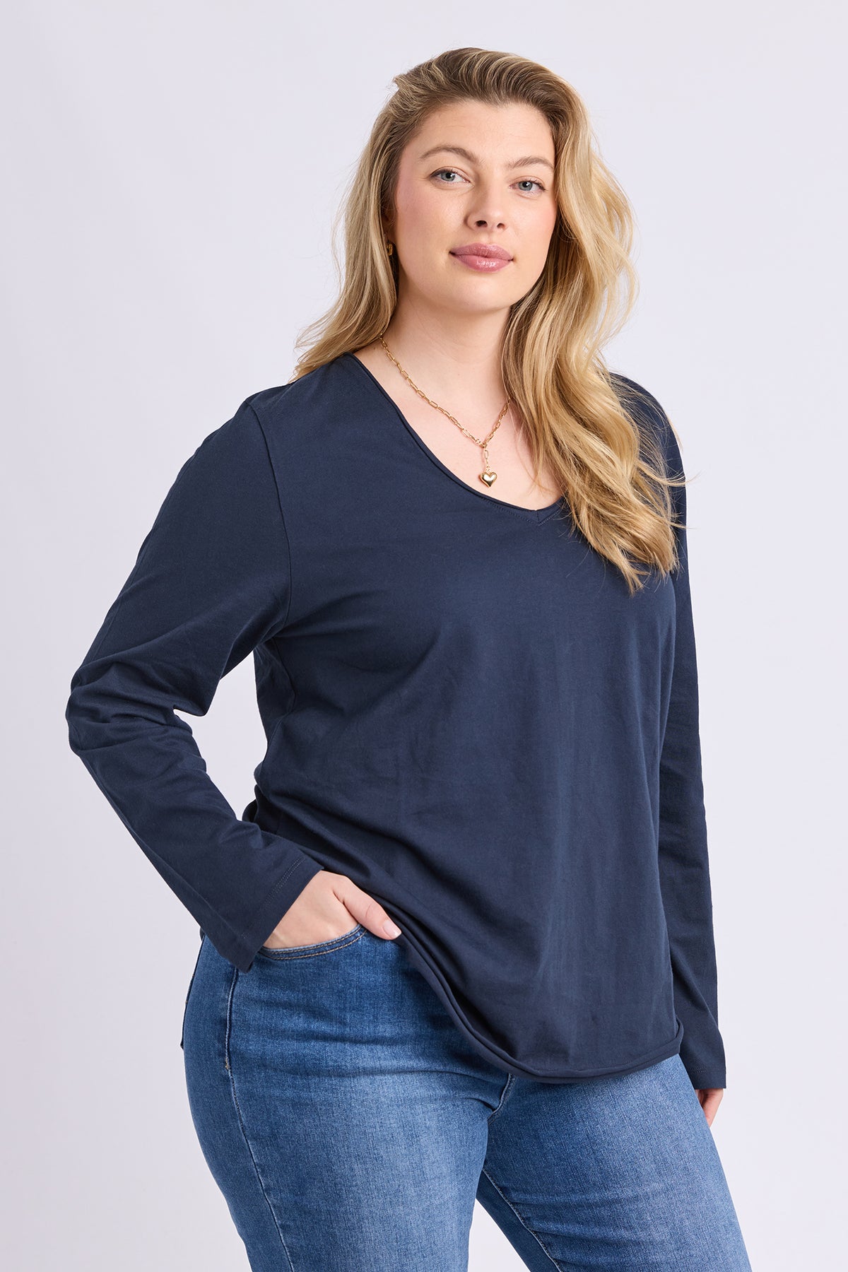 Pima Long Sleeve Vee Tee Navy