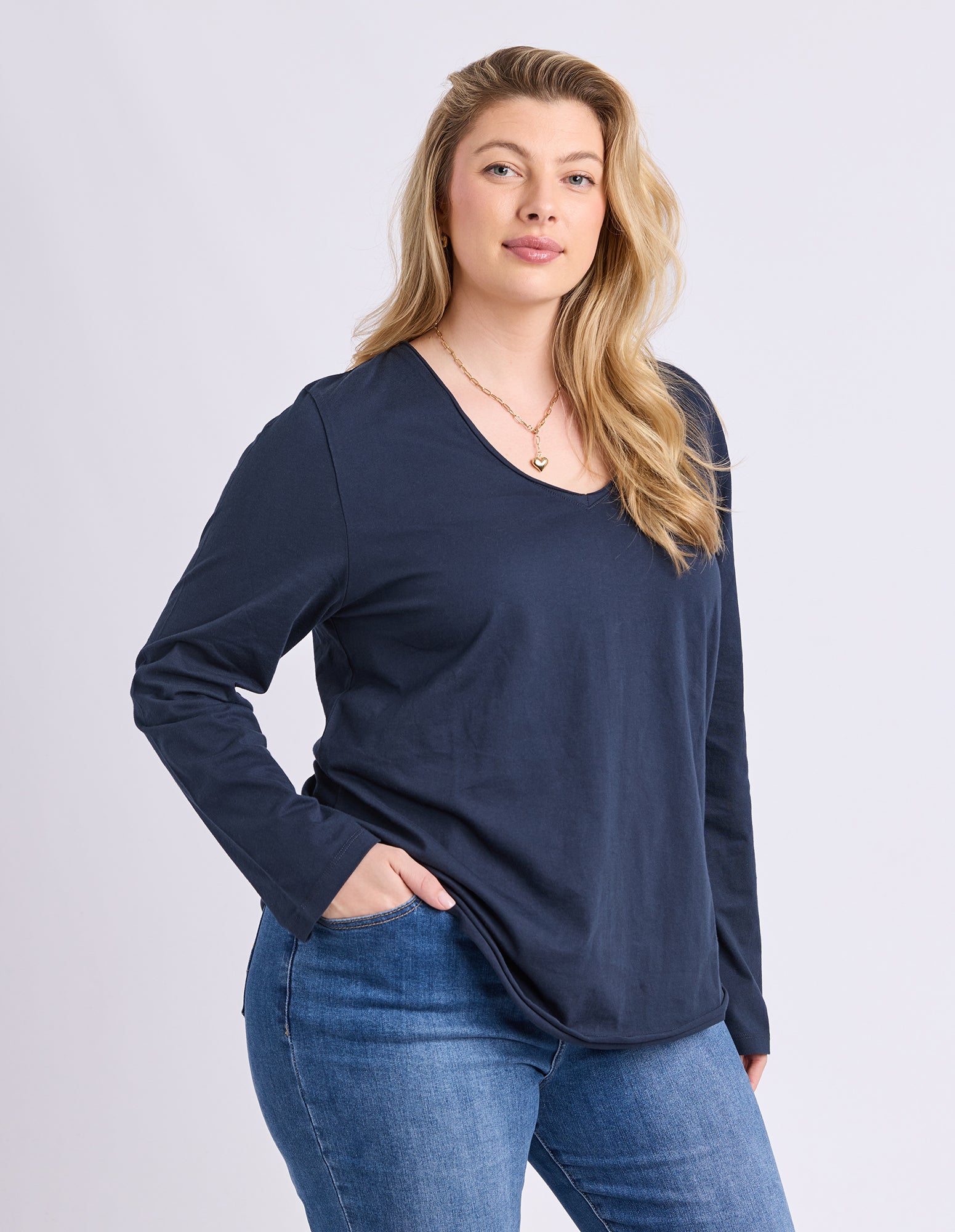 Pima Long Sleeve Vee Tee Navy