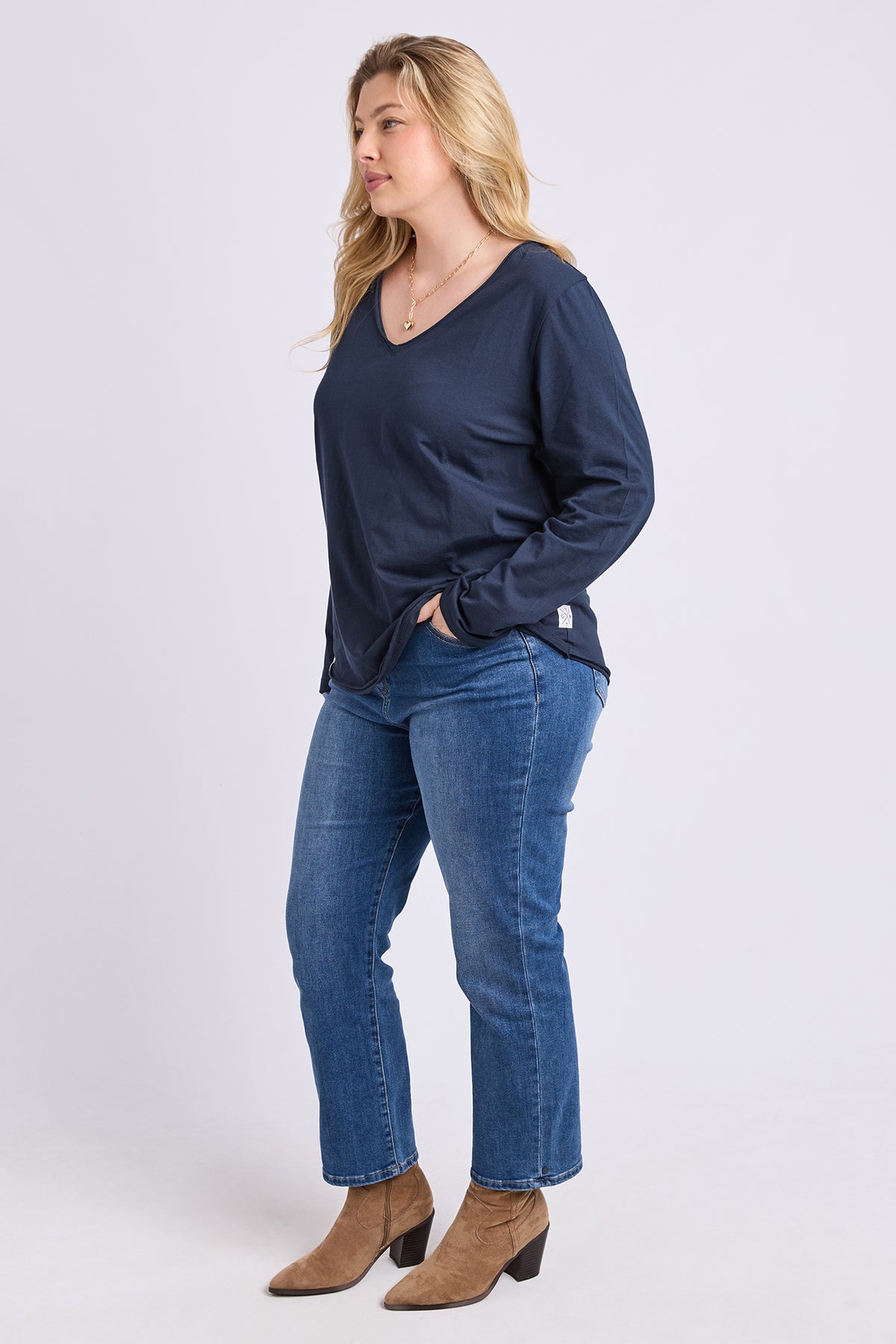 Pima Long Sleeve Vee Tee Navy
