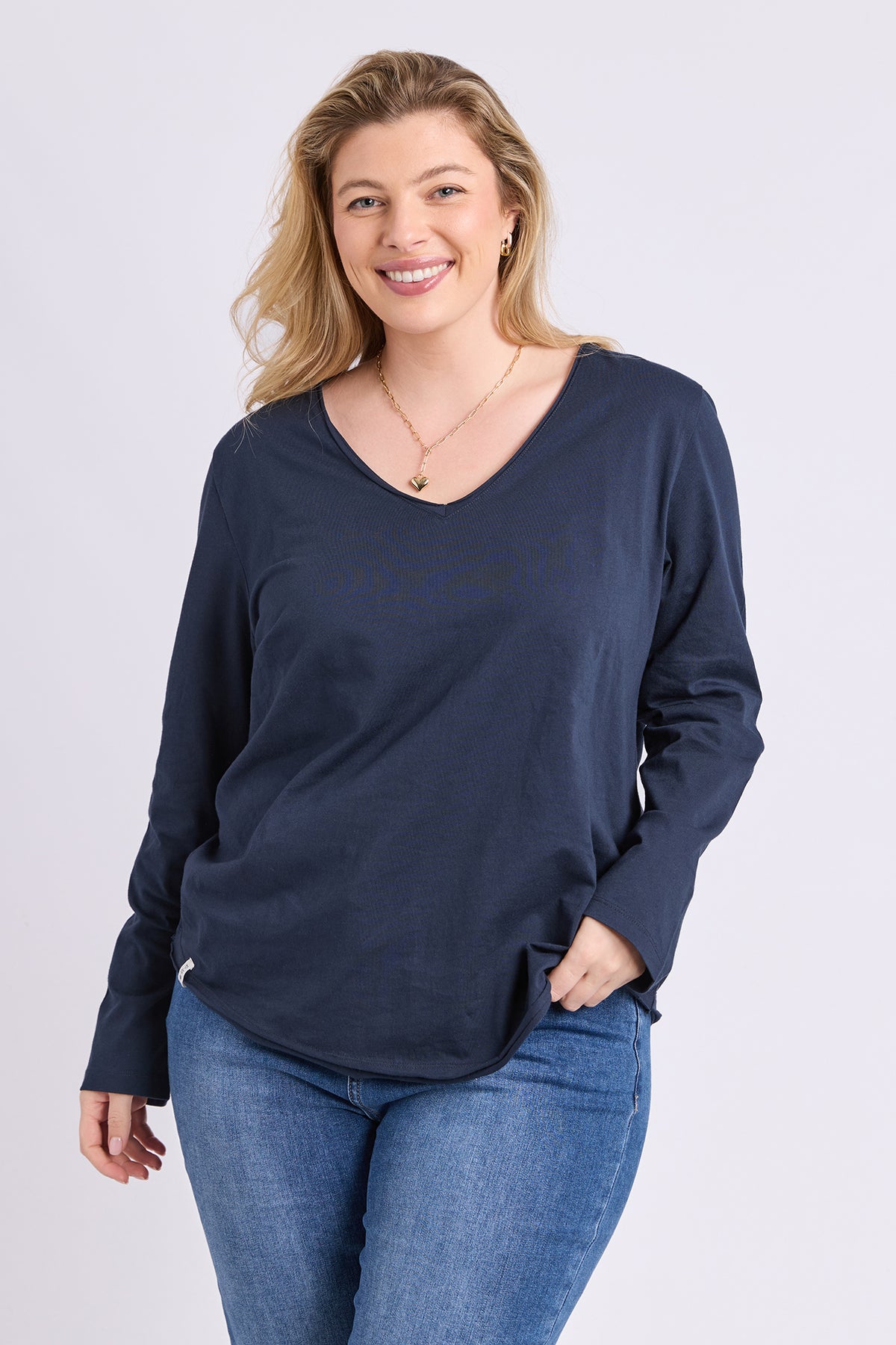 Pima Long Sleeve Vee Tee Navy