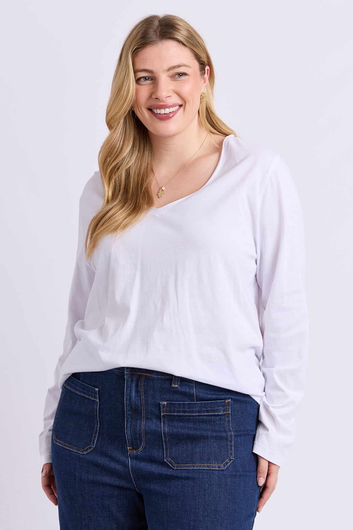 Pima Long Sleeve Vee Tee White