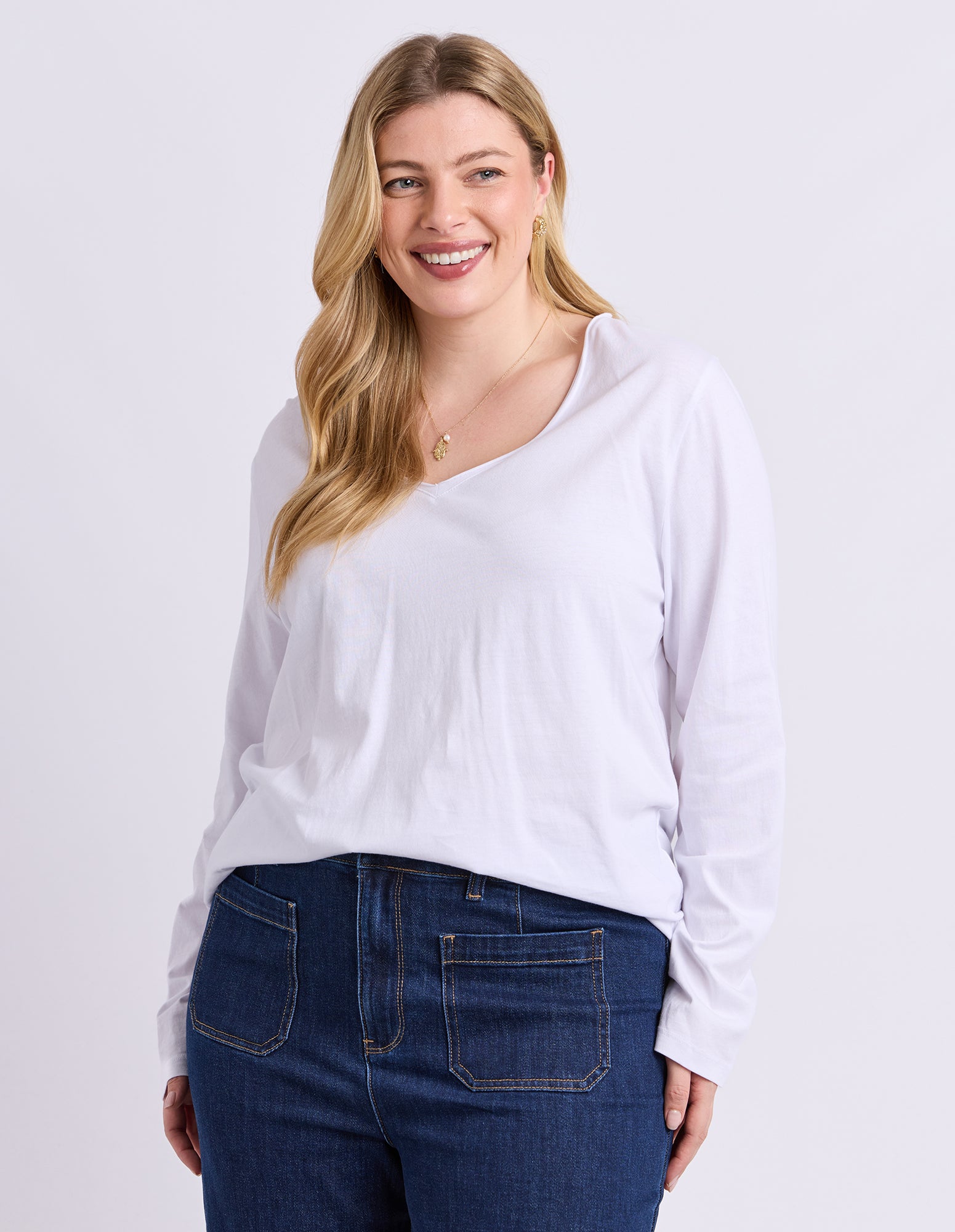 Pima Long Sleeve Vee Tee White