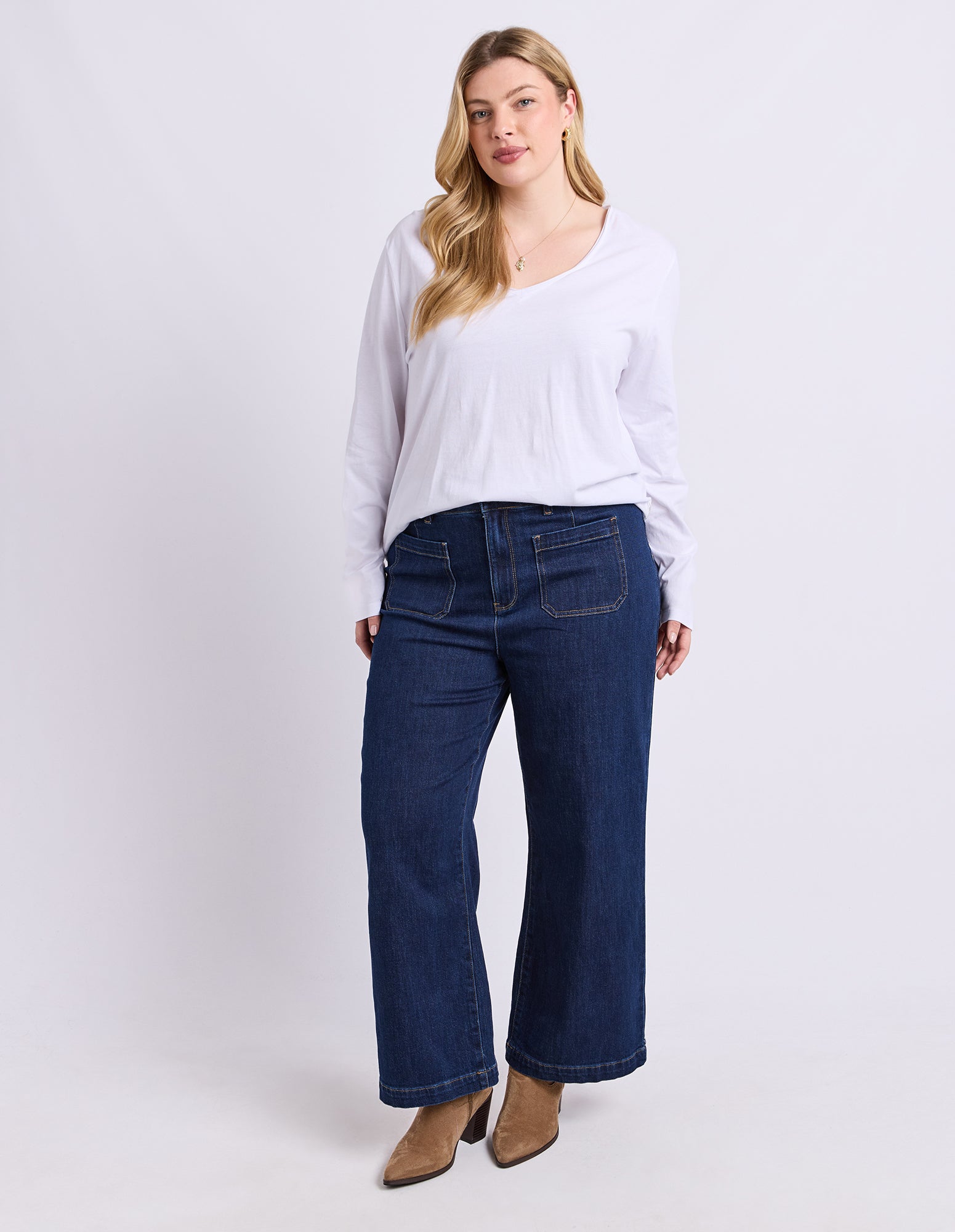 Pima Long Sleeve Vee Tee White