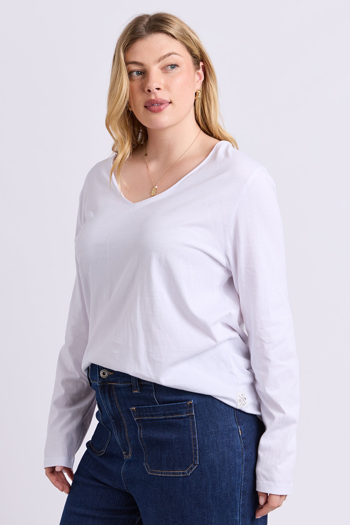 Pima Long Sleeve Vee Tee White