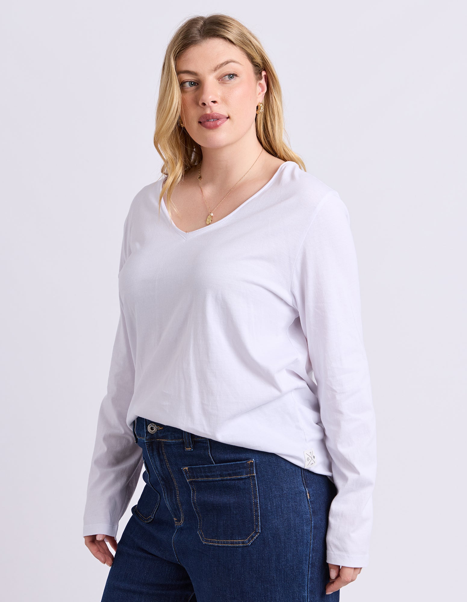 Pima Long Sleeve Vee Tee White