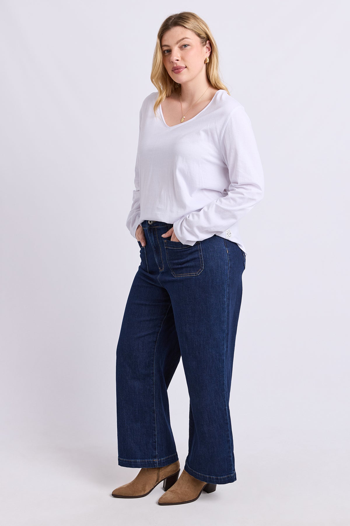 Pima Long Sleeve Vee Tee White