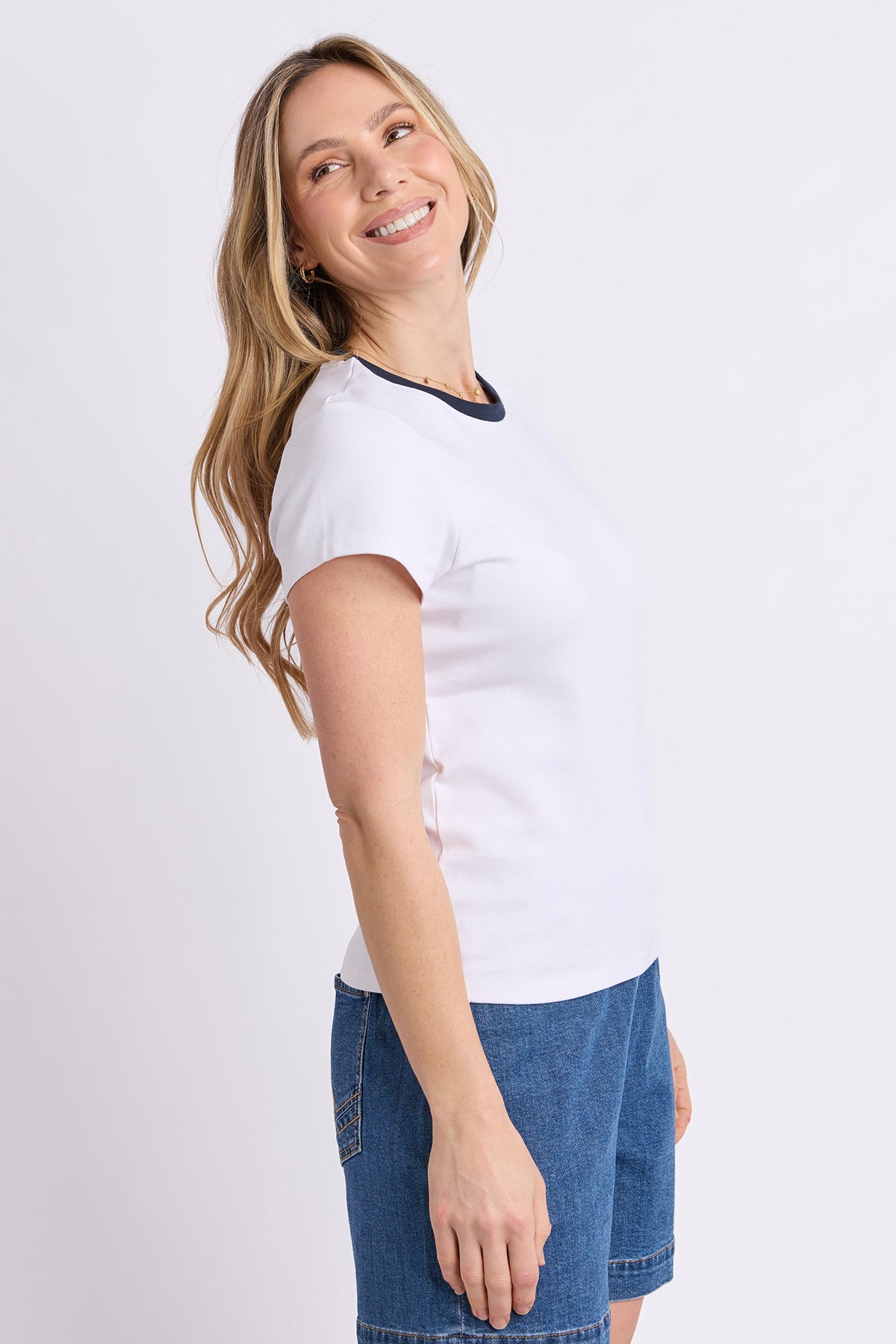 Rosie Ringer Tee White With Navy Band