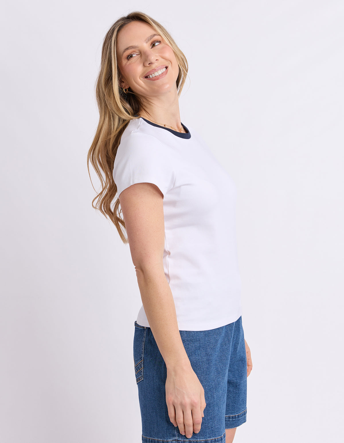 Rosie Ringer Tee White With Navy Band